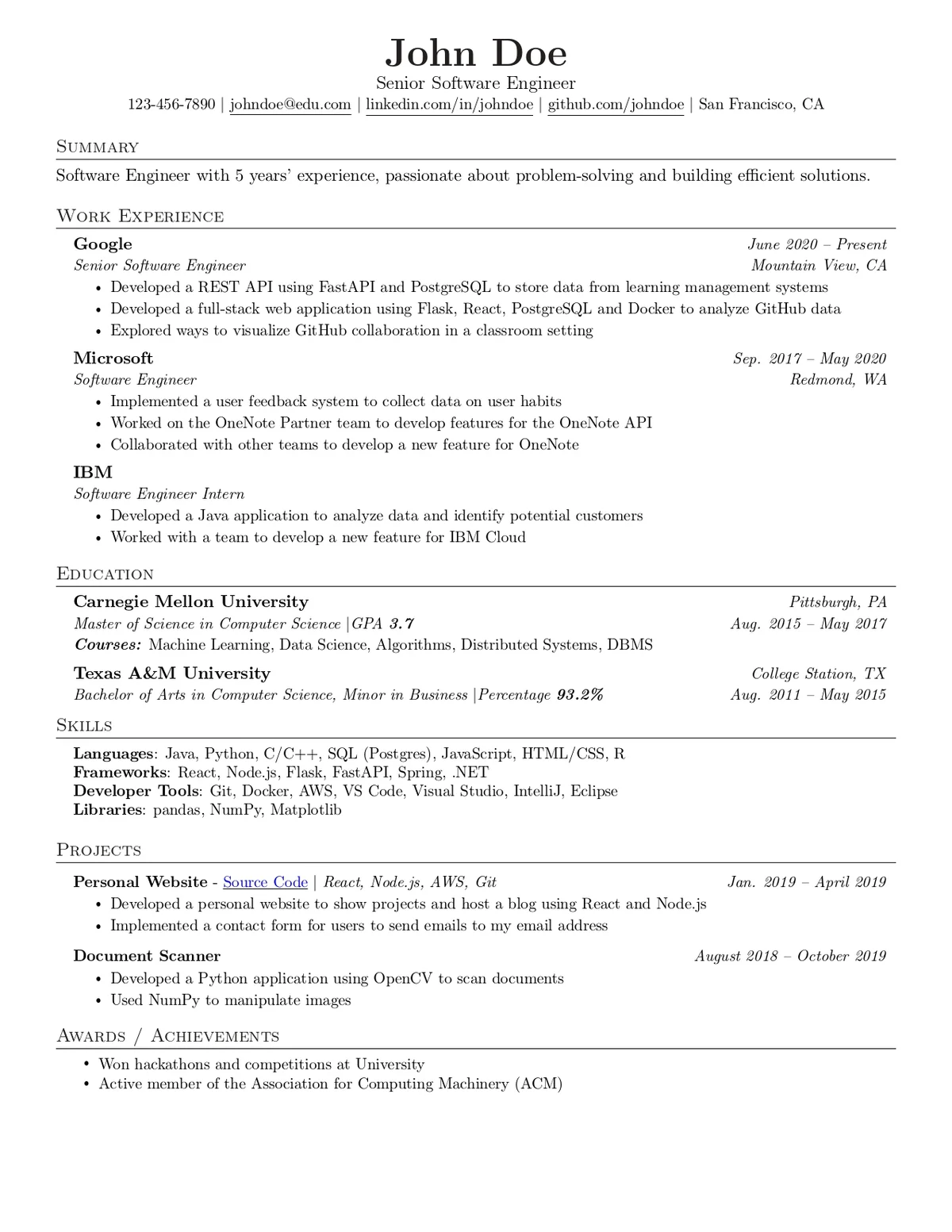 Jake's Resume Template, Without Writing LaTeX preview