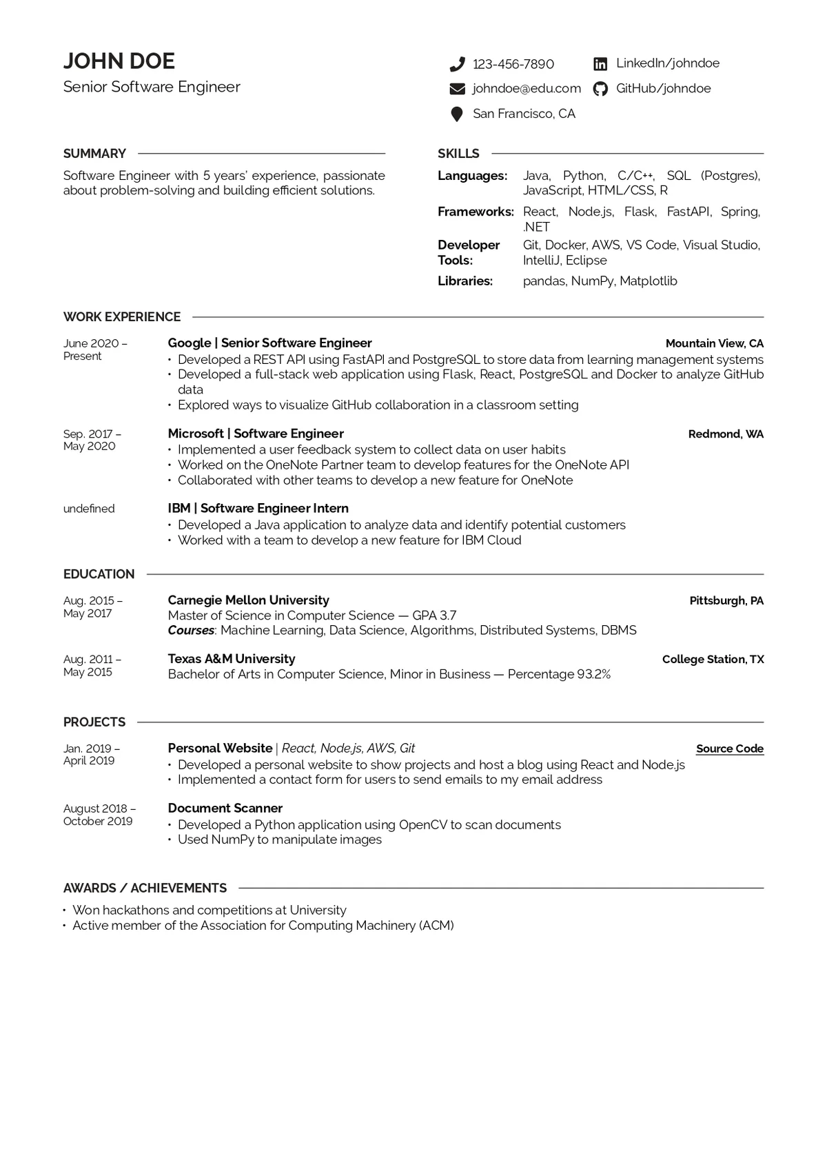 Developer CV Template preview