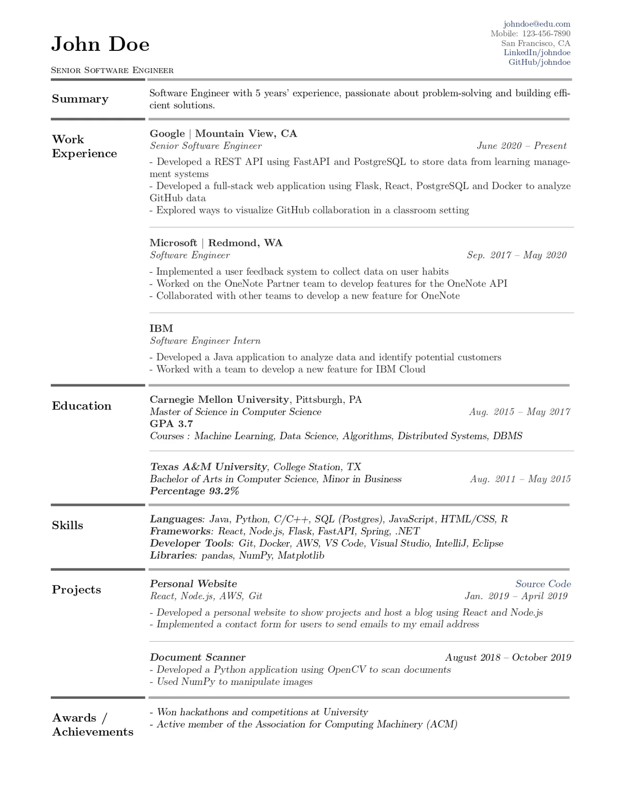 Academic CV Template in LaTeX preview