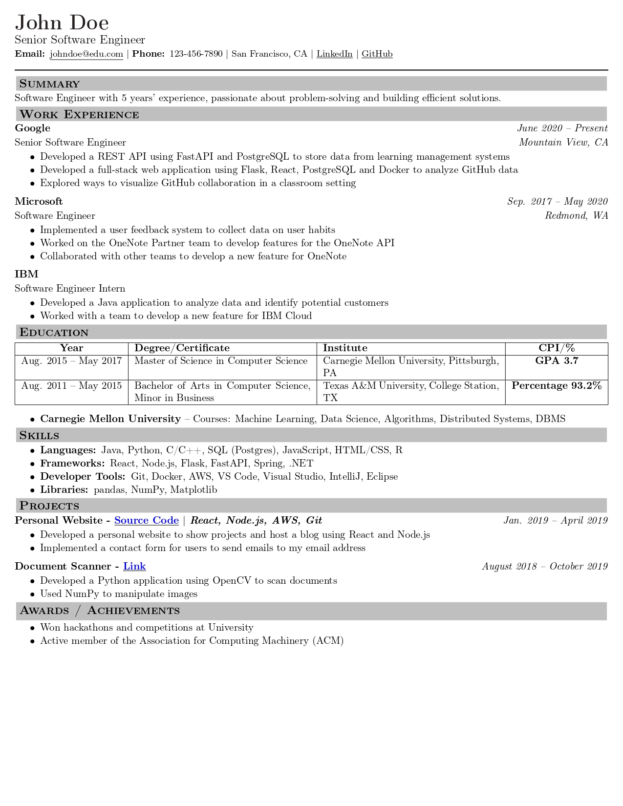 Student Resume Template — LaTeX resume template preview
