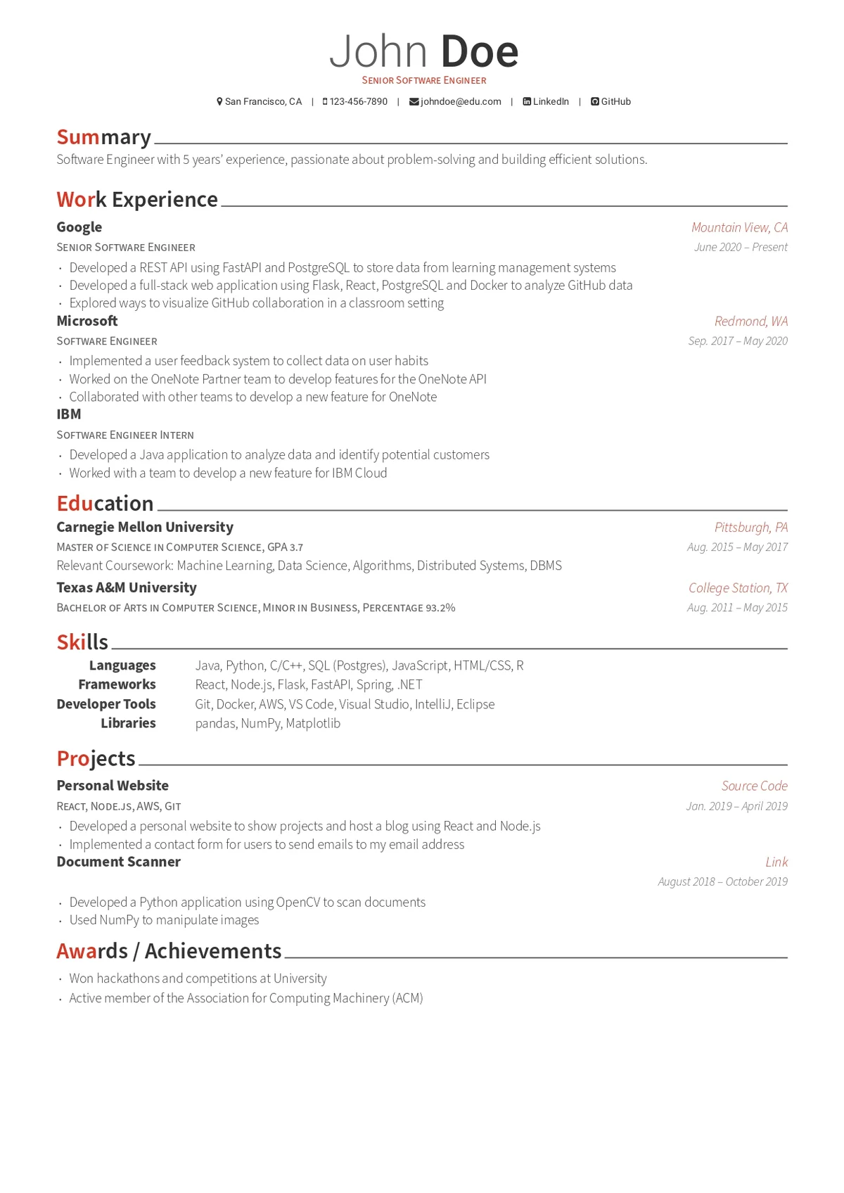 Awesome CV Template — LaTeX resume template preview